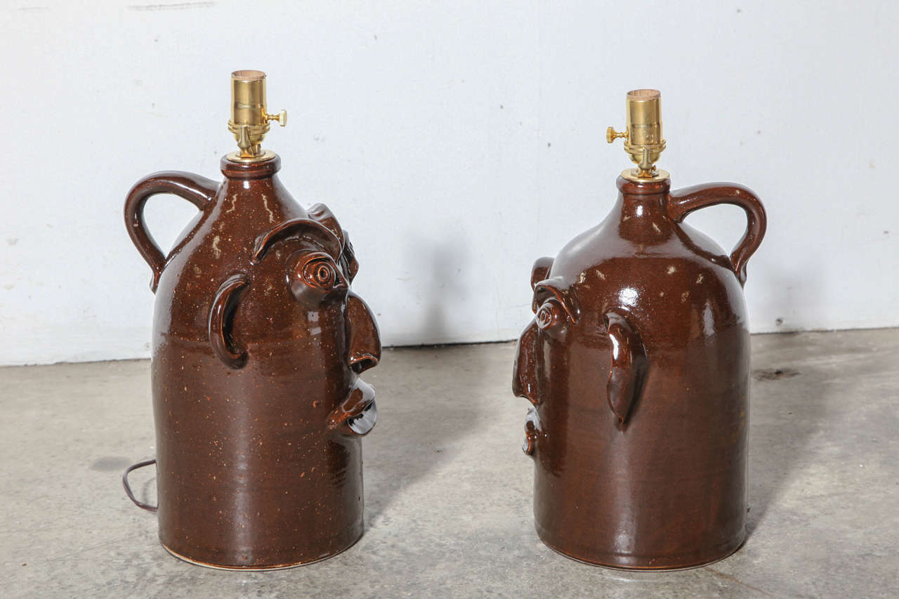 Contemporary Pair of Handmade Pottery Face Jug Lamps
