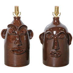 Pair of Handmade Pottery Face Jug Lamps