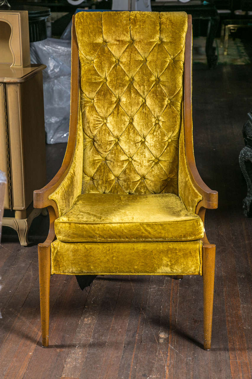 Stylish pair of Mid-Century tufted high back armchairs. Wood frame. Ready for your upholstery.