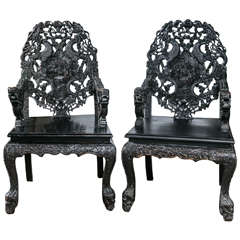 Pair of Carved Wood Asian Armchairs 9
