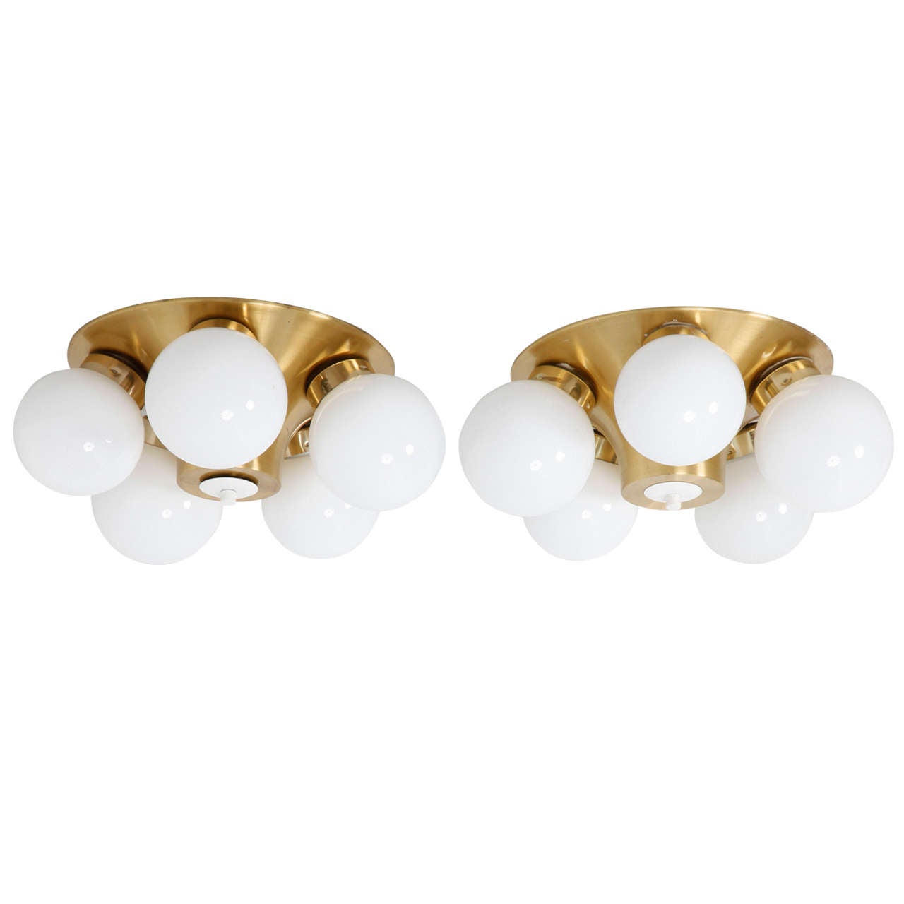 Set Brass Seventies Flush Mounts with Five White Opal Globes, 1970s