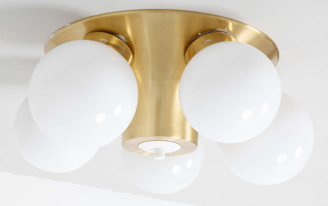 Mid-Century Modern Set Brass Seventies Flush Mounts with Five White Opal Globes, 1970s