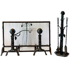 Antique Firescreen with Andirons and Tools