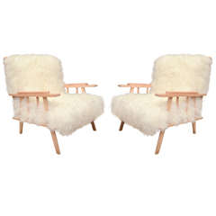  Pair of Beechwood Club Chairs Upholstered in Mongolian Lamb