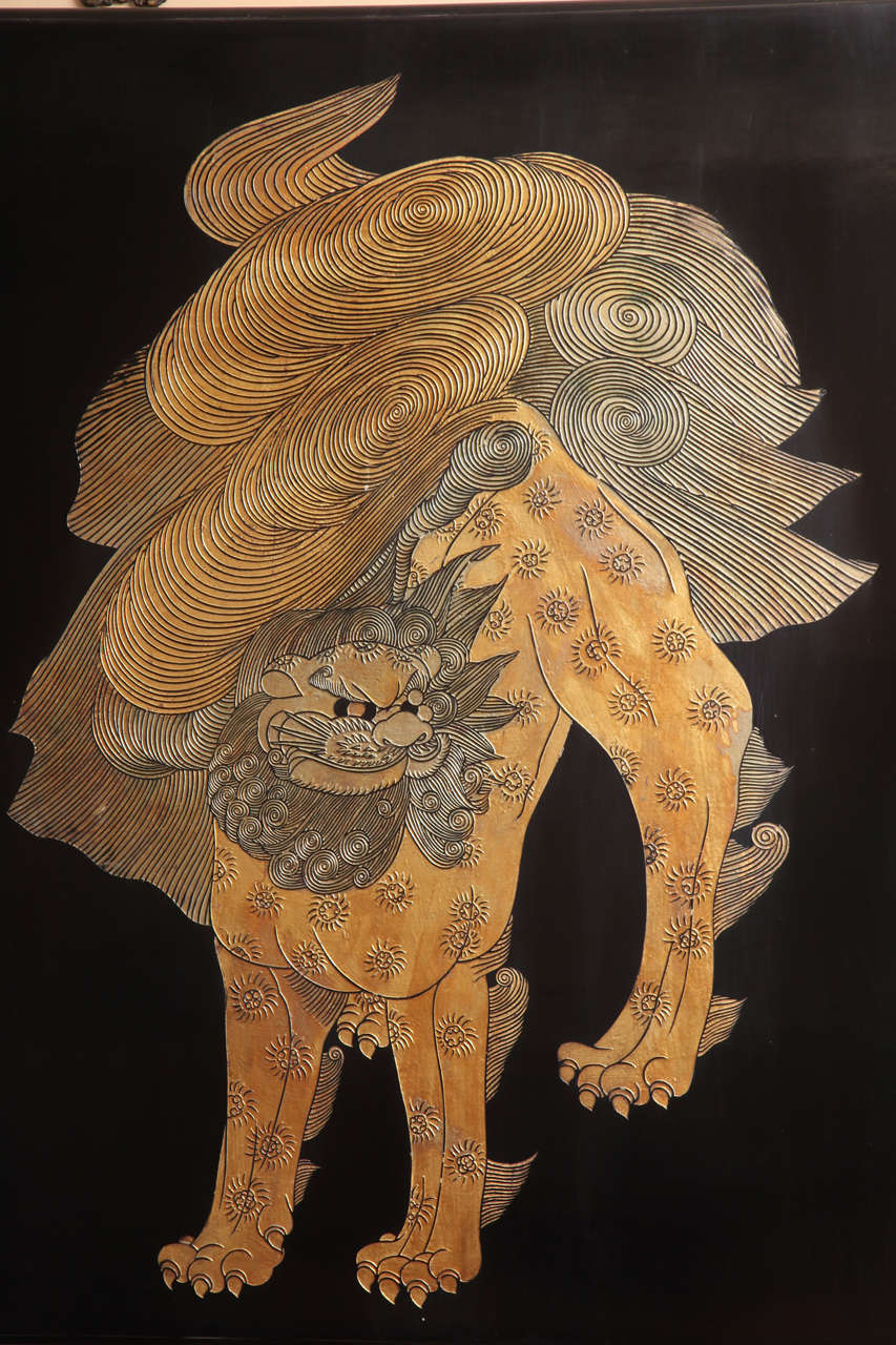 Painted Chinese, 1970s Modern Art Carved Lacquer Panel with Gold Leaf Guardian Lion