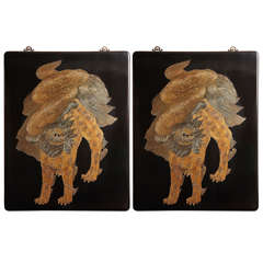 Chinese, 1970s Modern Art Carved Lacquer Panel with Gold Leaf Guardian Lion