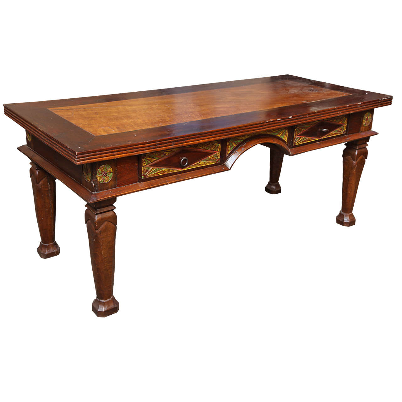 Large Vintage Teak And Burl Dutch Colonial Style Java Desk With Large Vintage Teak And Burl Dutch Colonial Style Java Desk With Painted Motifs For