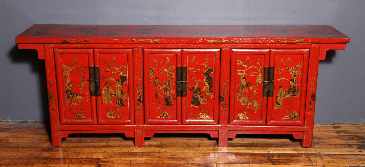 Elmwood long sideboard with restored lacquer and Chinoiserie. Very functional. Shanxi, China, Ca. 1900.
