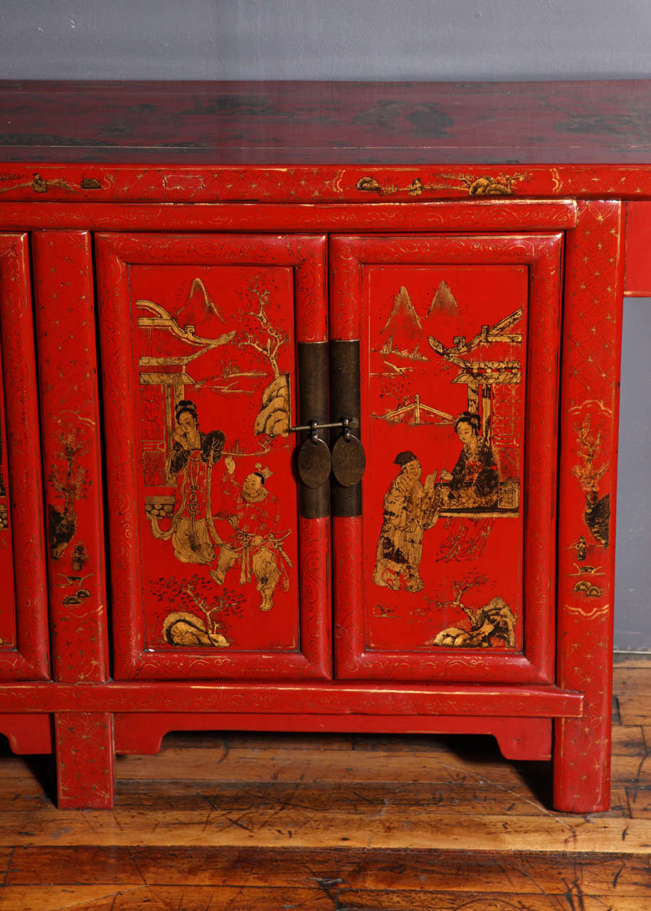 Chinese Long Red Lacquer Sideboard