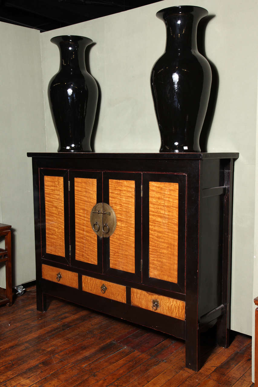 Chinese Late Qing Dynasty Black Lacquer and Burl Wood Cabinet with Accordion Doors For Sale