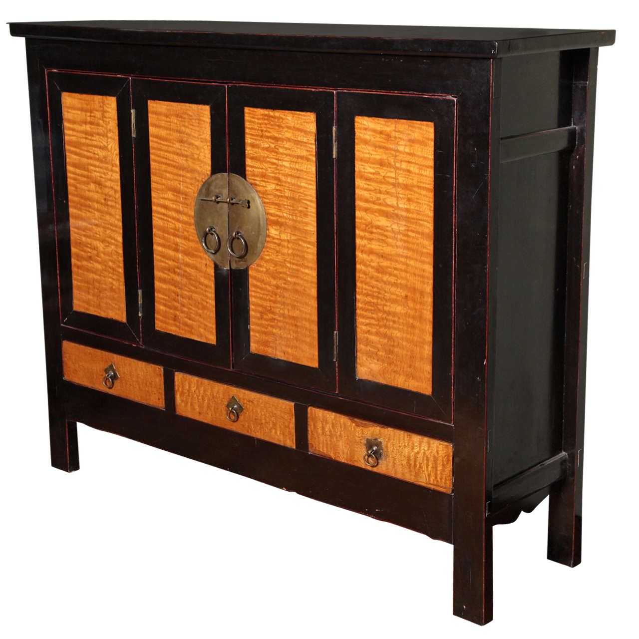Late Qing Dynasty Black Lacquer and Burl Wood Cabinet with Accordion Doors