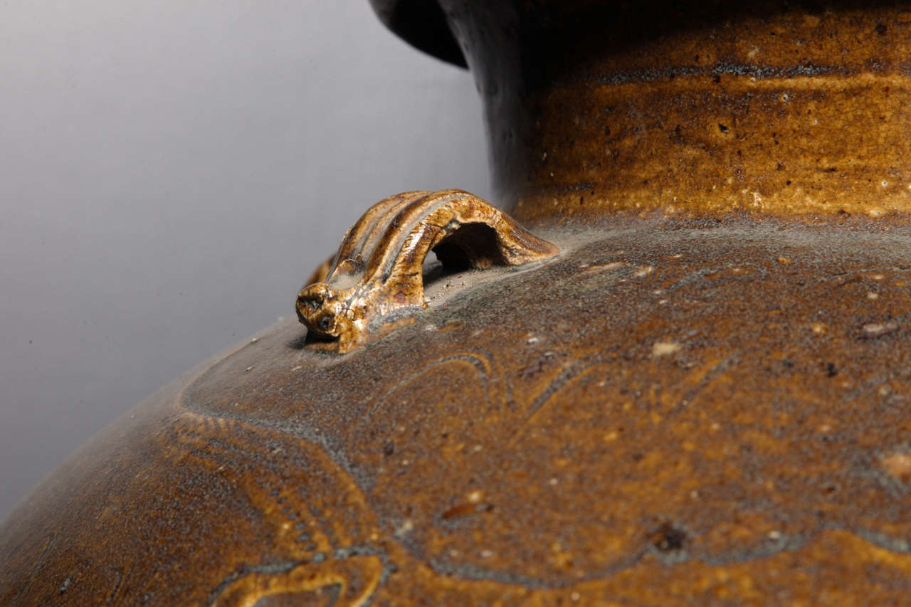 Clay Yuan Dynasty Martaban Jar with Ochre Glaze from China, 12th-13th Century