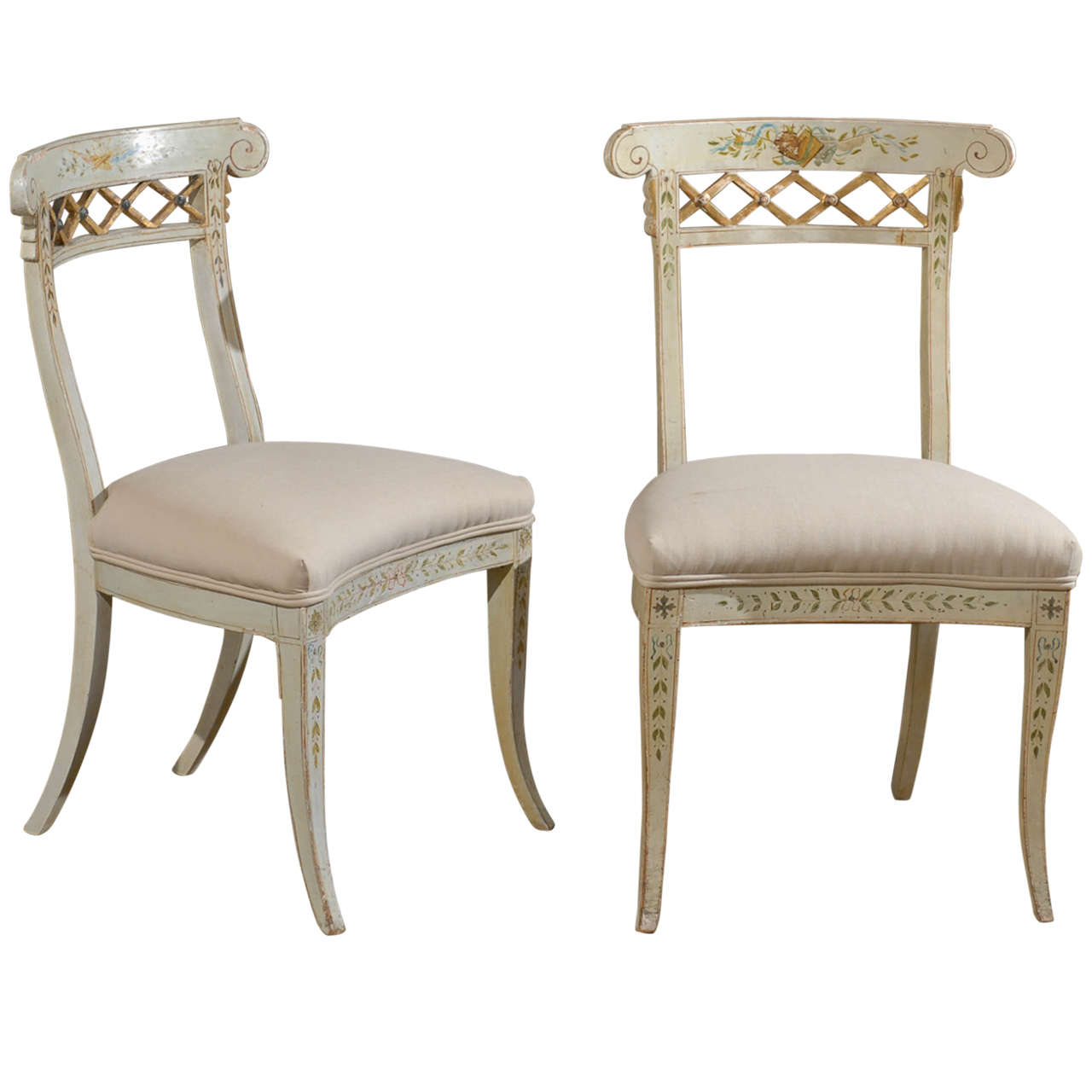 Set of Four Italian 1790s Neoclassical Period Music Chairs with Gilded Trellis For Sale