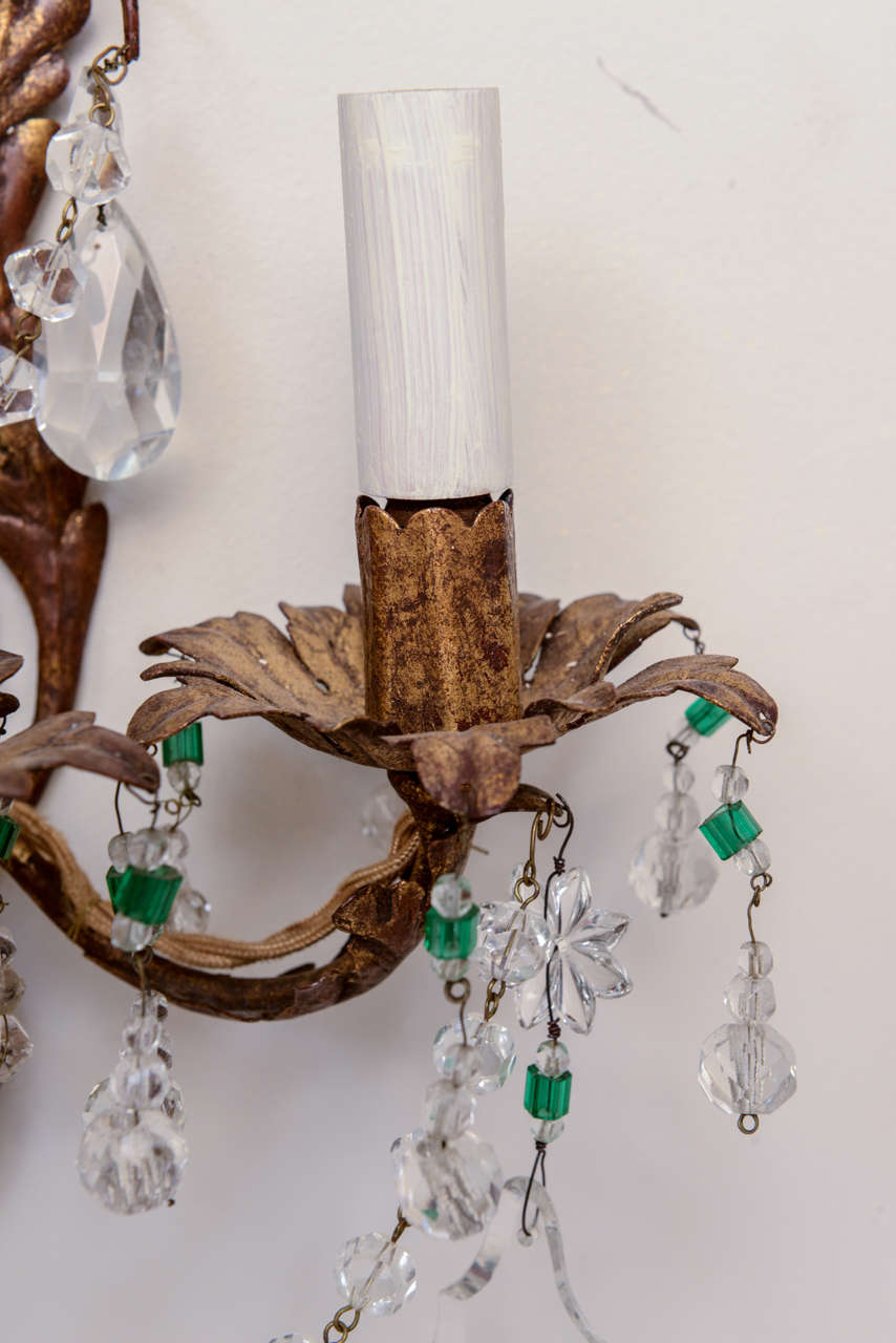 Unusual Pair of Gilt Metal and Crystal Sconces For Sale 3