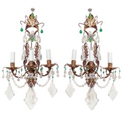 Unusual Pair of Gilt Metal and Crystal Sconces