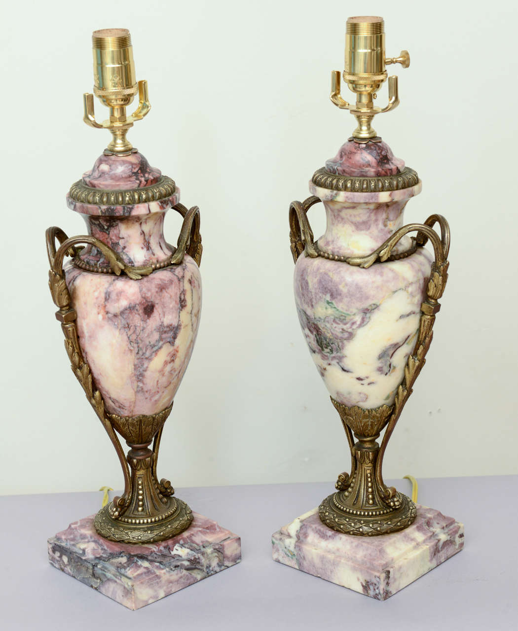 French Pair of 19c. Rouge Marble Urn Lamps