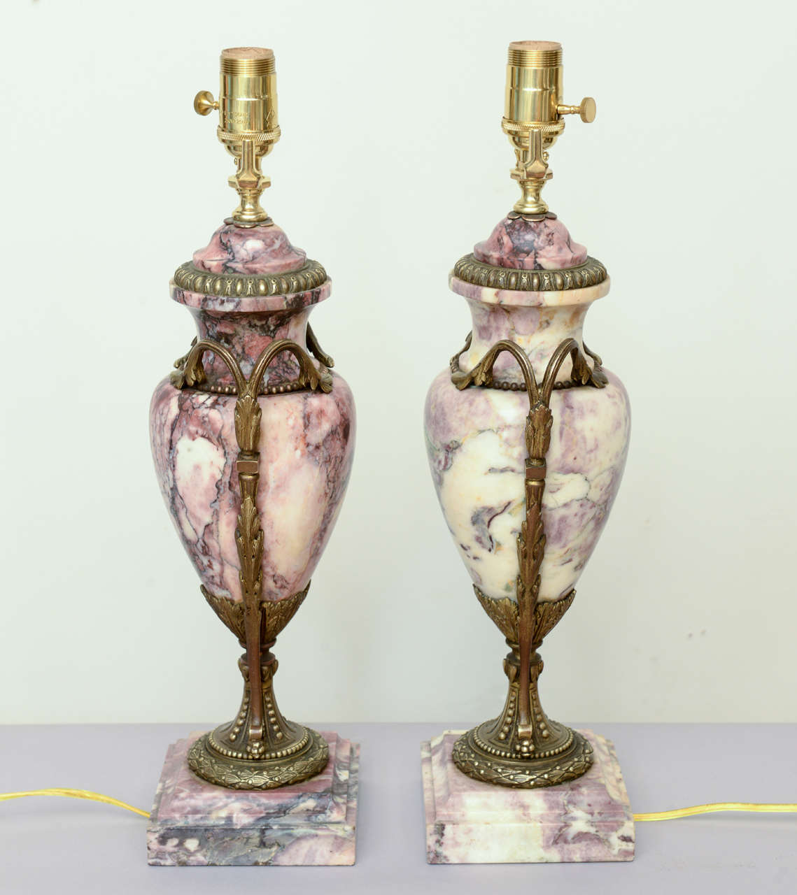 Pair of 19c. Rouge Marble Urn Lamps In Excellent Condition In West Palm Beach, FL