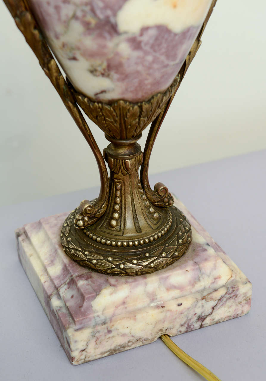 Bronze Pair of 19c. Rouge Marble Urn Lamps