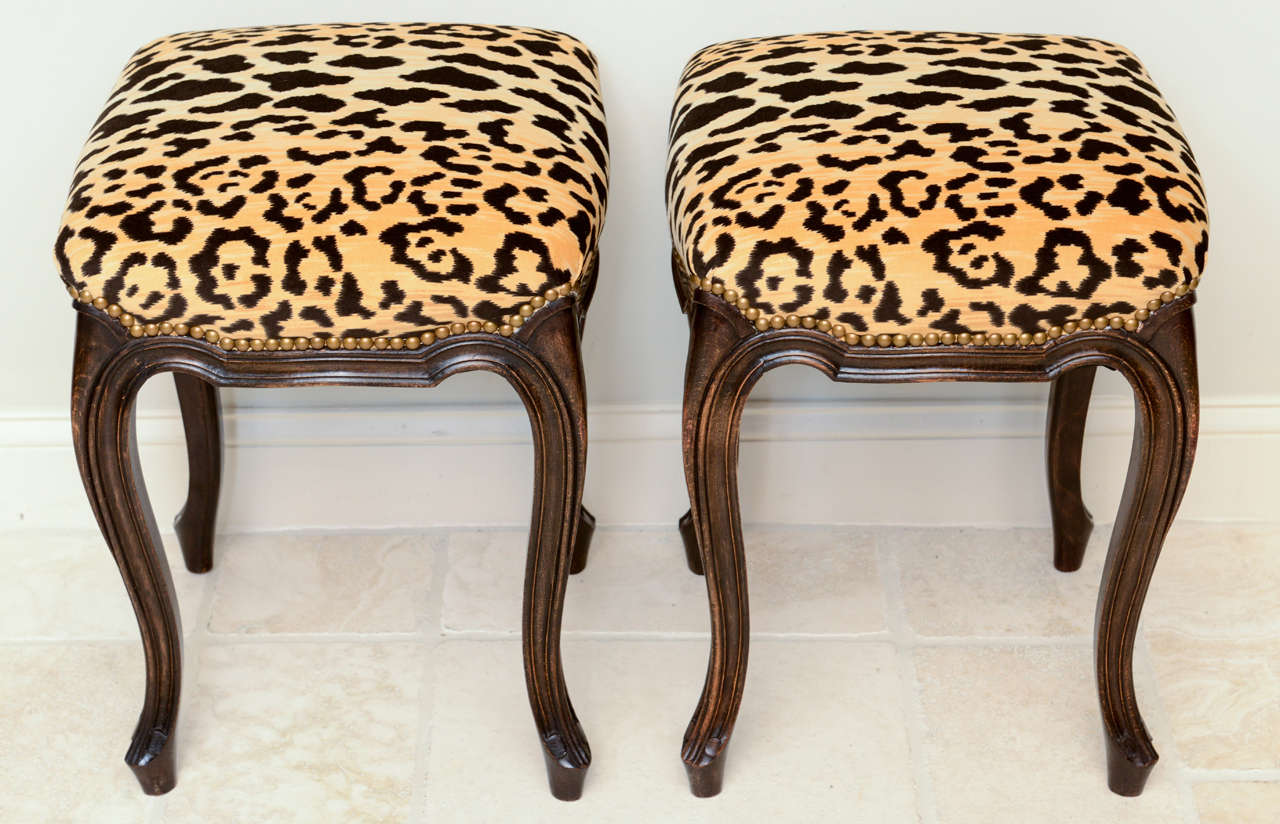 Pair of French Walnut Stools with Square Leopard Seats In Excellent Condition In West Palm Beach, FL