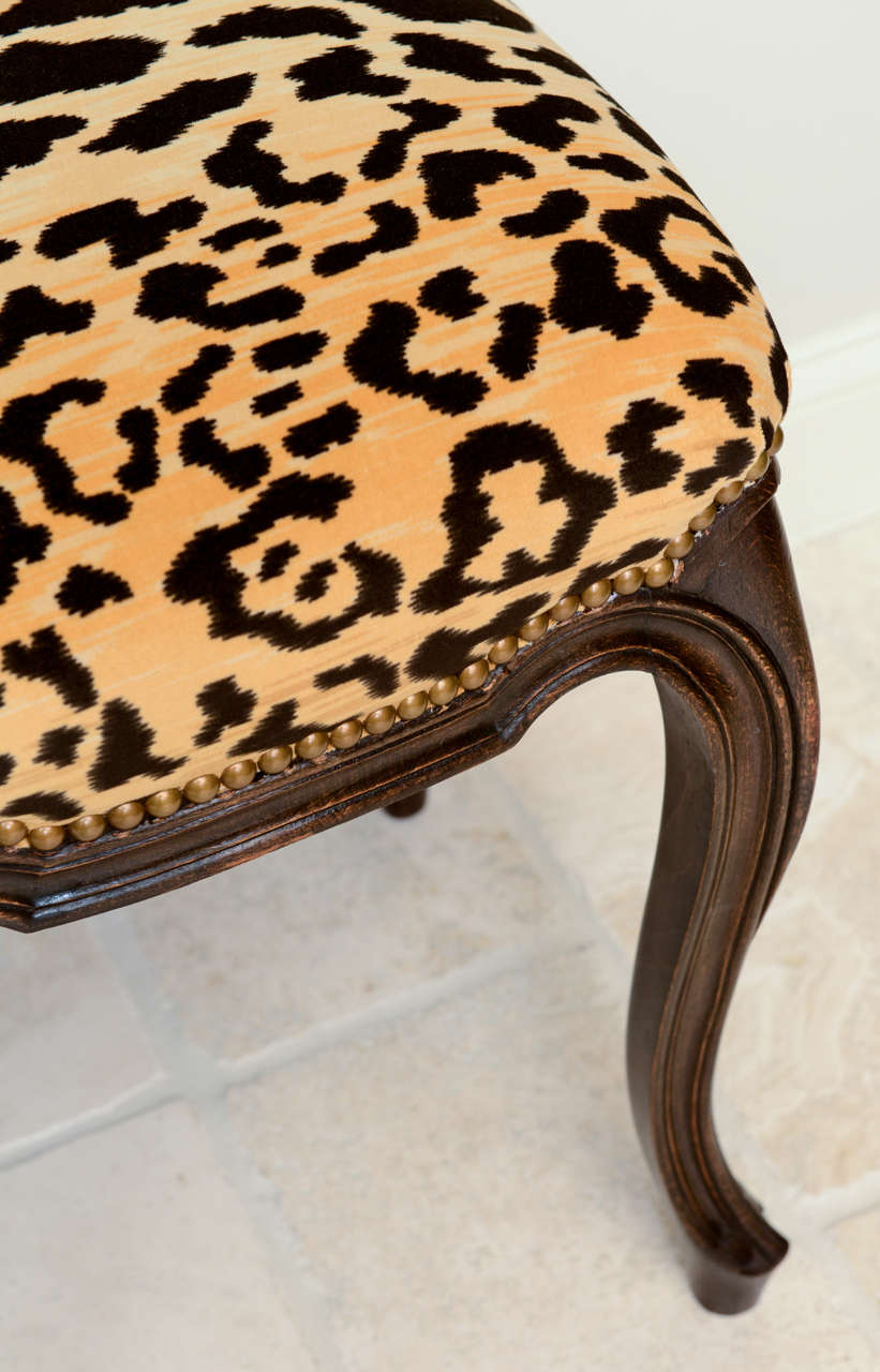 Mid-20th Century Pair of French Walnut Stools with Square Leopard Seats