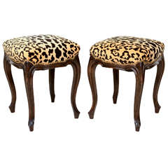 Pair of French Walnut Stools with Square Leopard Seats