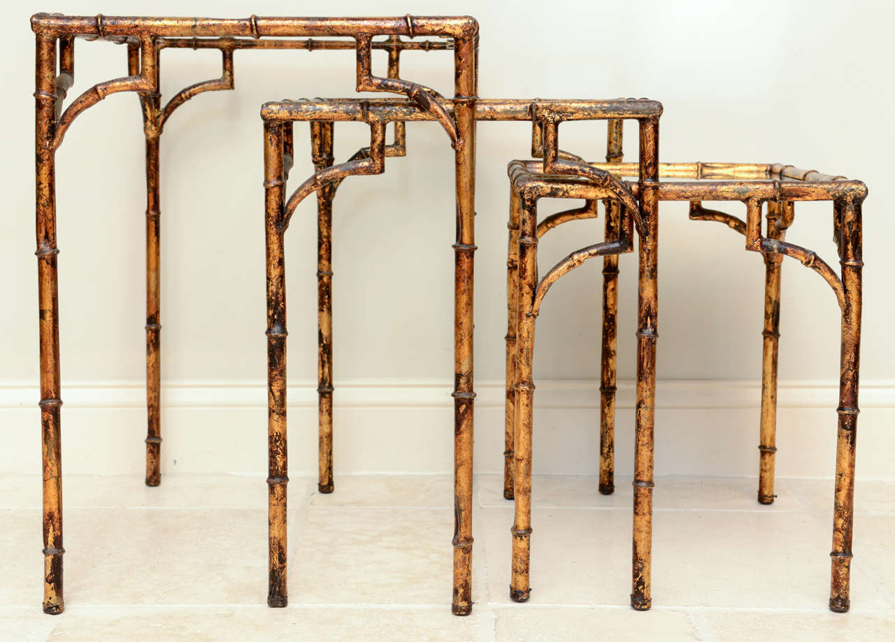 Set of Three Vintage Gilded Faux Bamboo Nesting Tables In Distressed Condition In West Palm Beach, FL