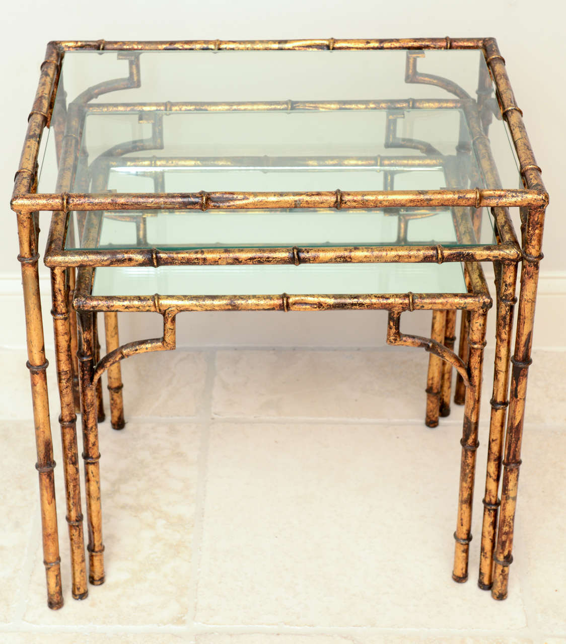 Set of Three Vintage Gilded Faux Bamboo Nesting Tables 1