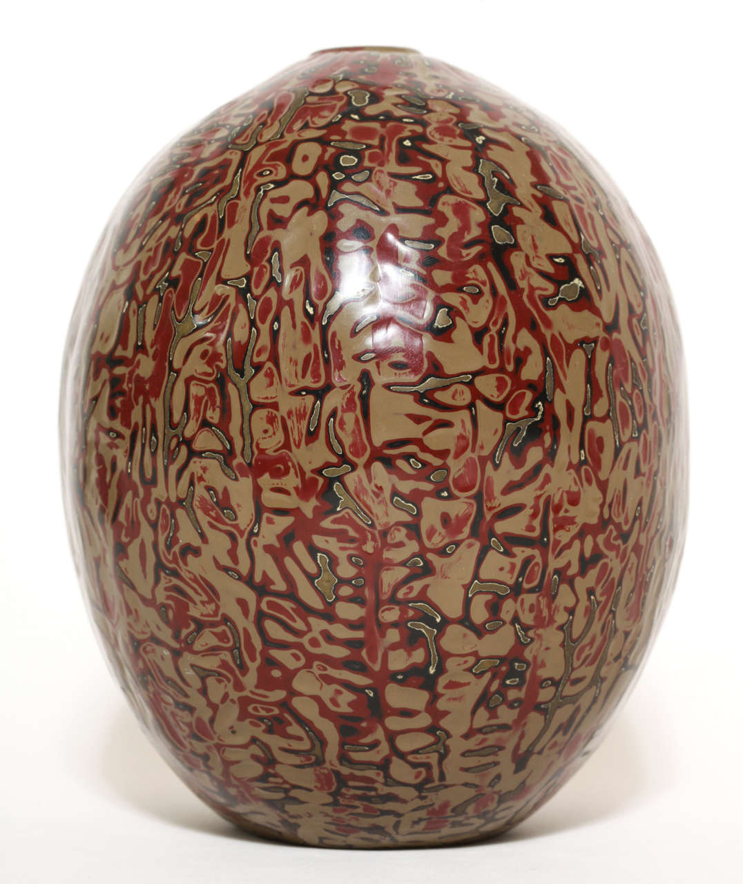 20th Century Jean Dunand French Art Deco Red, Green, Black w/ Light-Brown Lacquer Ovoid Vase For Sale