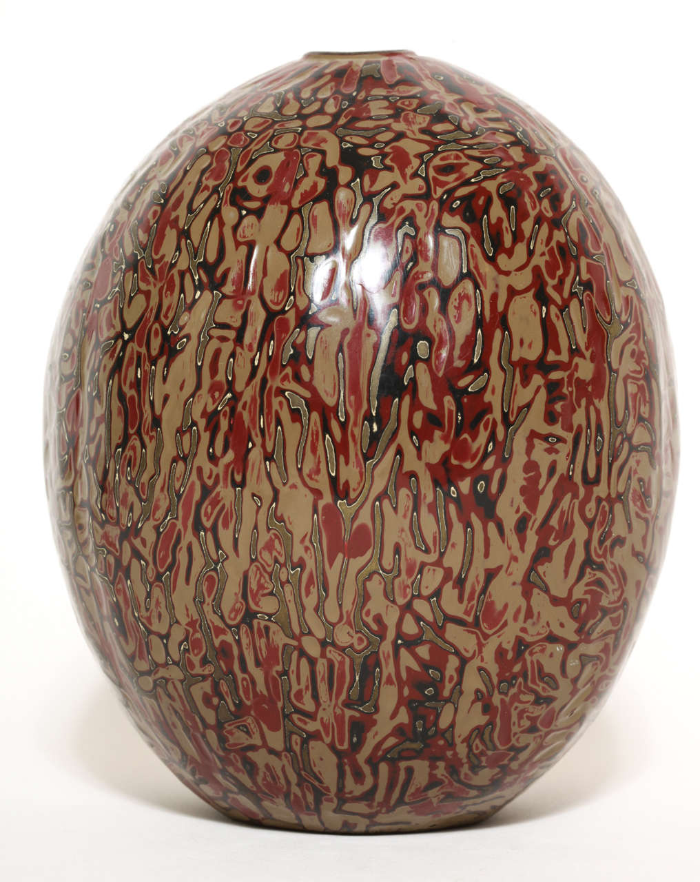 Bronze Jean Dunand French Art Deco Red, Green, Black w/ Light-Brown Lacquer Ovoid Vase For Sale