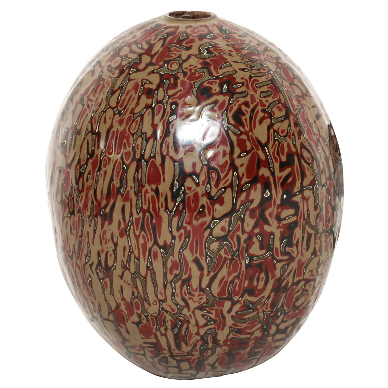 Jean Dunand French Art Deco Red, Green, Black w/ Light-Brown Lacquer Ovoid Vase For Sale