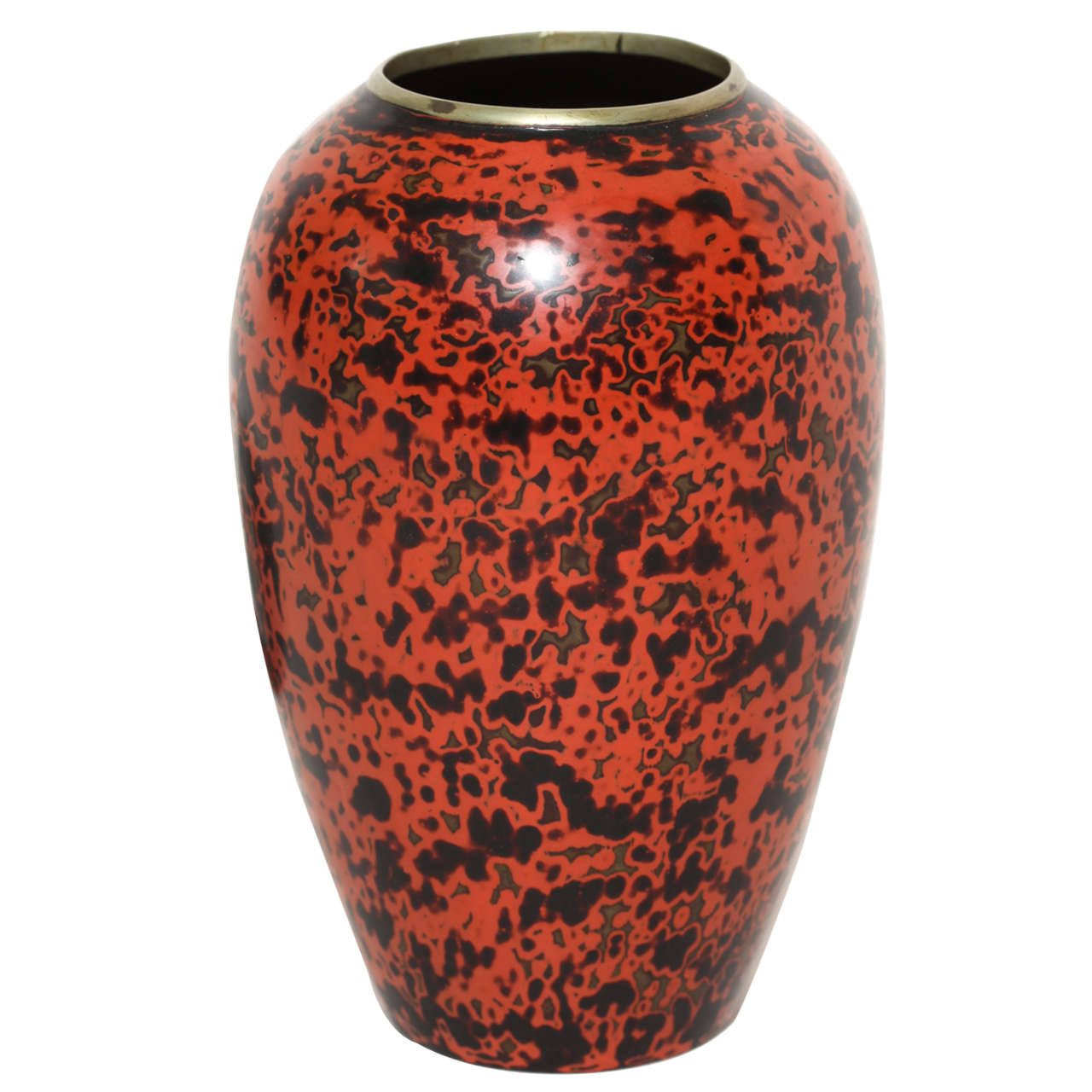 Jean Dunand French Art Deco Ovoid Red and Black Lacquered Brass Vase For Sale