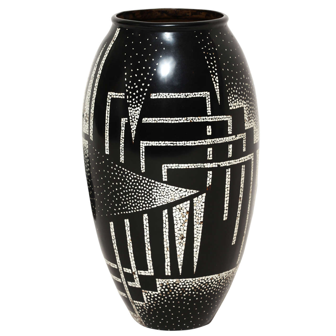 Jean Dunand French Art Deco Coquille d'Oeuf and Black Lacquered Vase For Sale