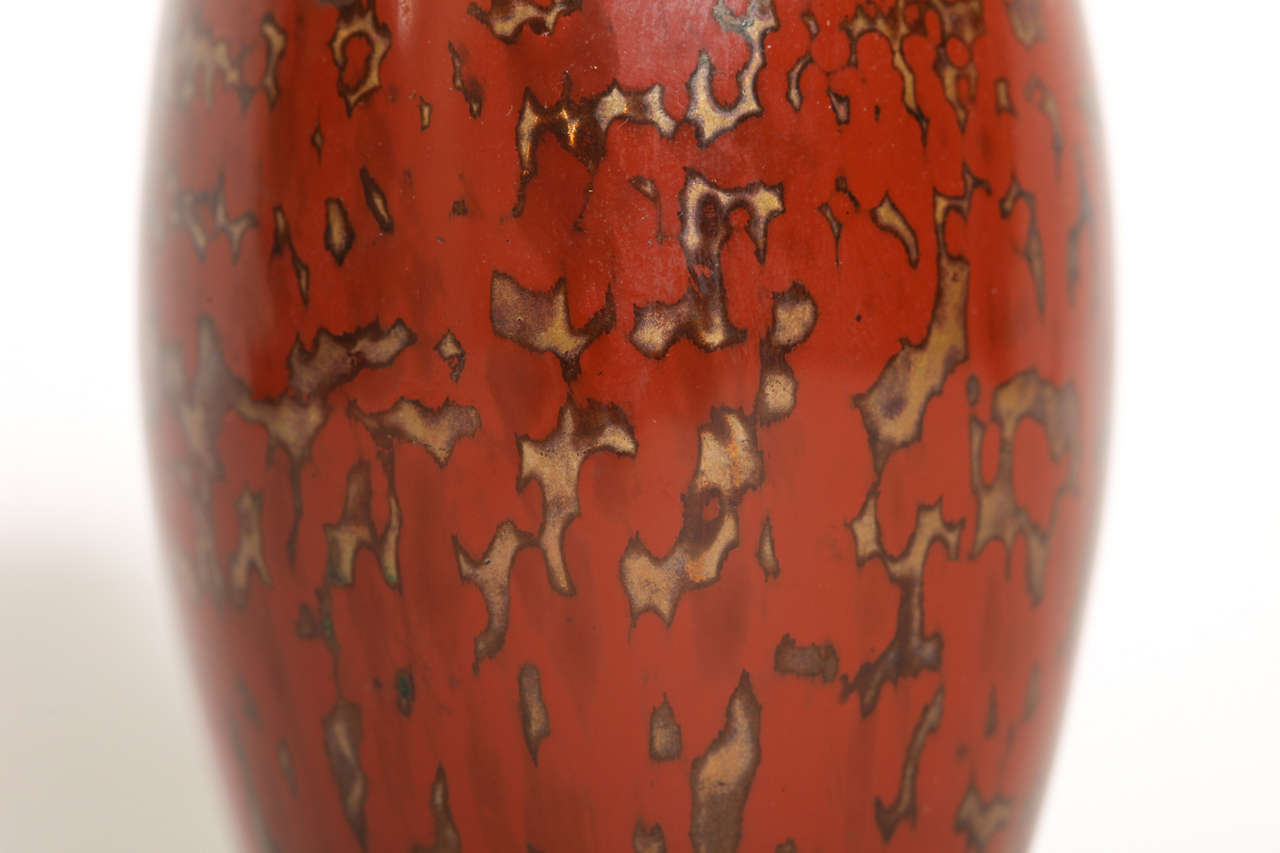 Brass Jean Dunand French Art Deco Elongated Thin Red Lacquered Vase For Sale
