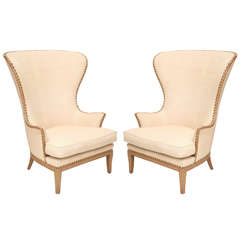 Near Pair of Upholstered Wing Chairs