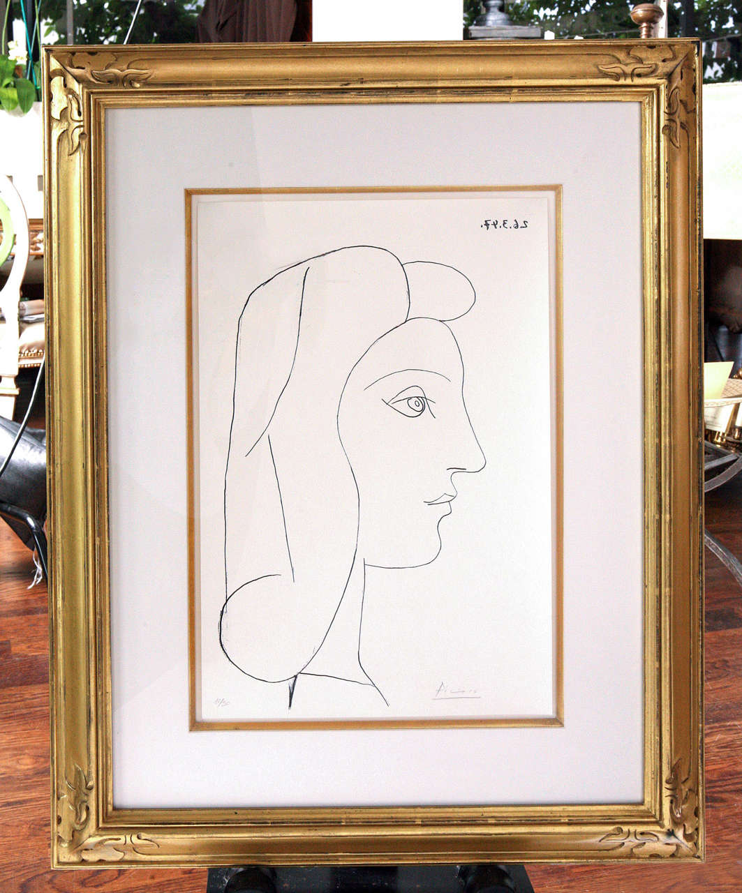 Picasso lithograph of Francoise, [Profil de Femme] 1947.  Signed, lower right, in pencil.  Hinged in frame.  Gilt frame.  Image size: 15