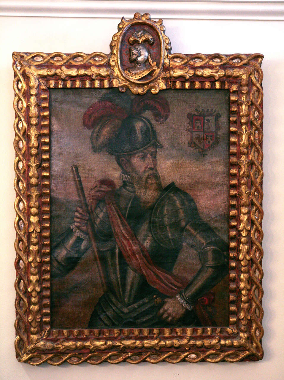 Conquistador painting believed to be Francisco Pizarro.  Painting in typical Peruvian frame.  From the Spanish Colonial period, 1520-1820.  Cuzco school artist unknown.  