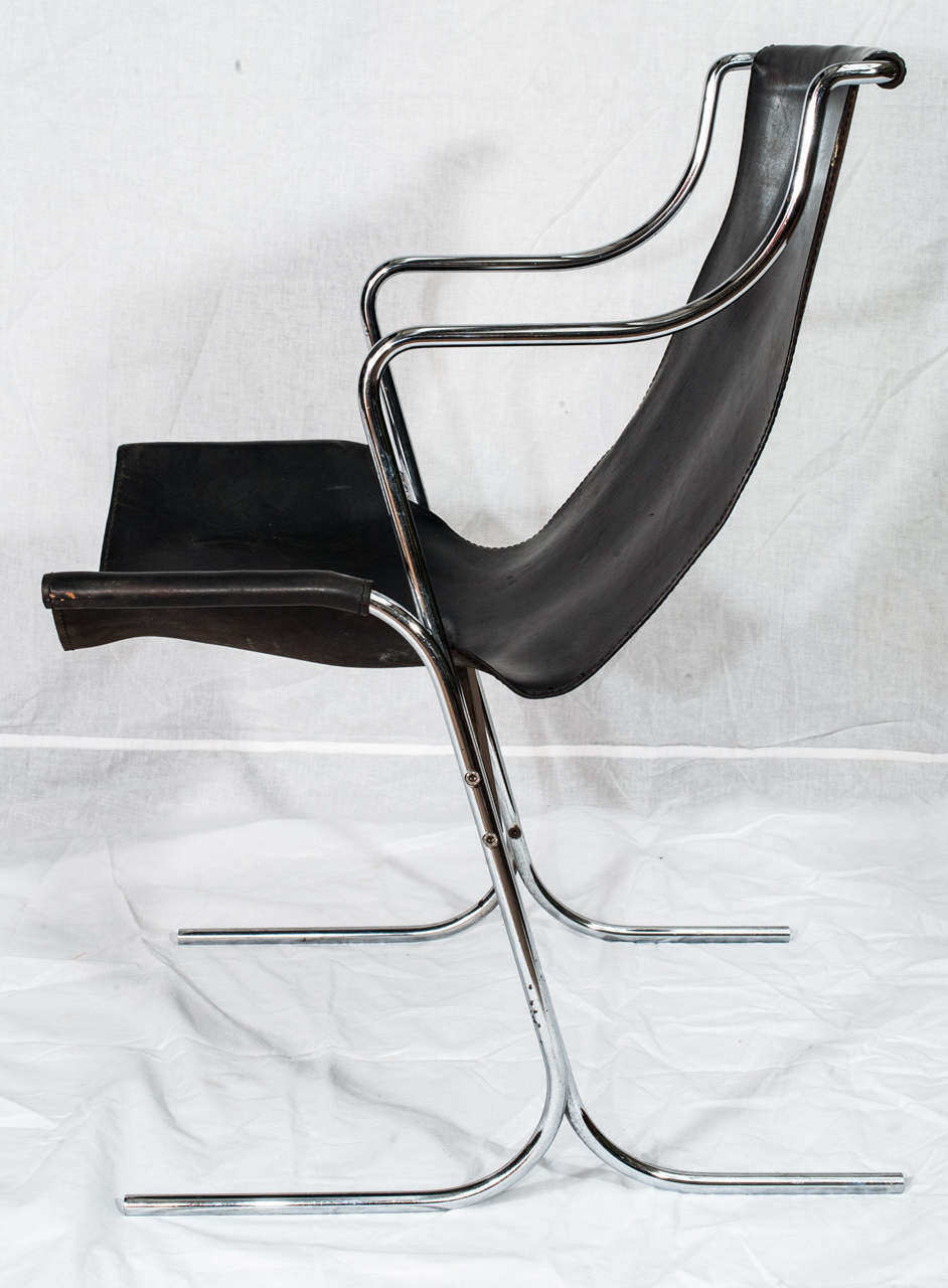 Pair of 1970s Steel and Black Leather Italian Chairs For Sale 1