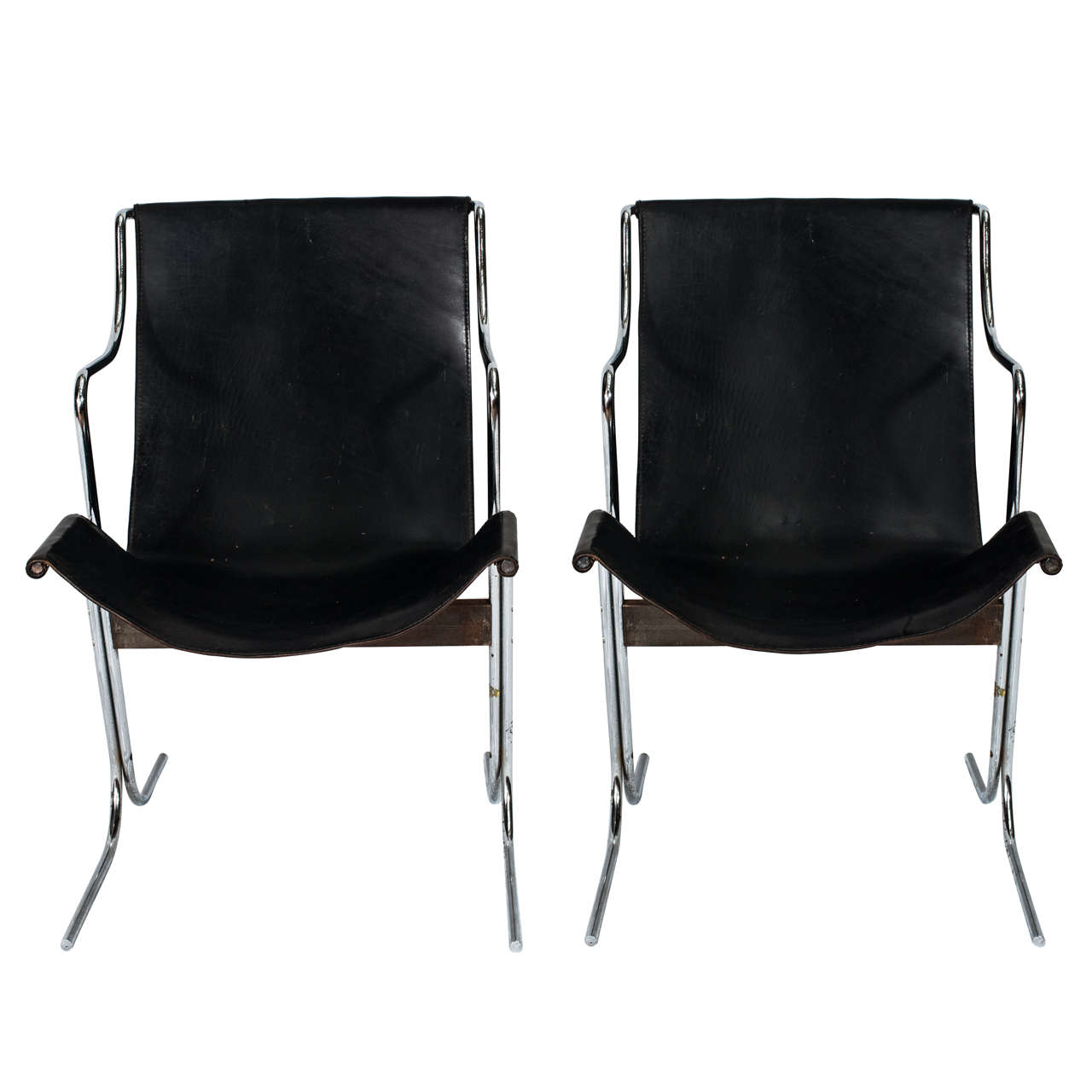 Pair of 1970s Steel and Black Leather Italian Chairs For Sale