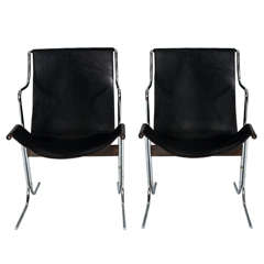 Pair of 1970s Steel and Black Leather Italian Chairs