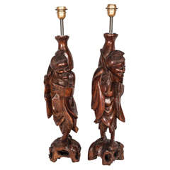 Late 19th Century Pair of Hand-Carved Wood French Table Lamps