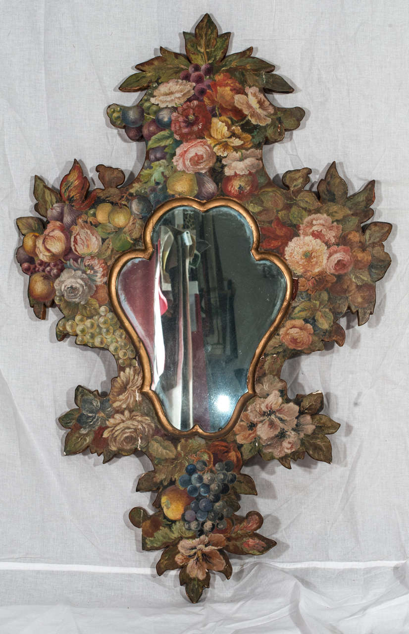 Pair of 19th century hand-painted mirrors.
The paintings on the mirrors represent the four seasons.
The one on the left shows autumn and winter, the other one shows spring and summer.