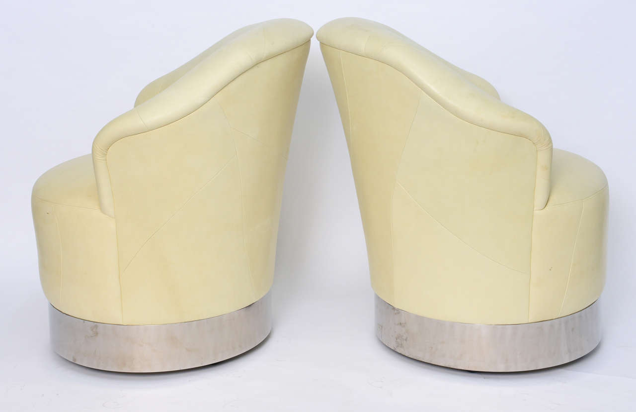 Modern Pair of Sally Sirkin Lewis Lambskin Marina Swivel Chairs on Casters