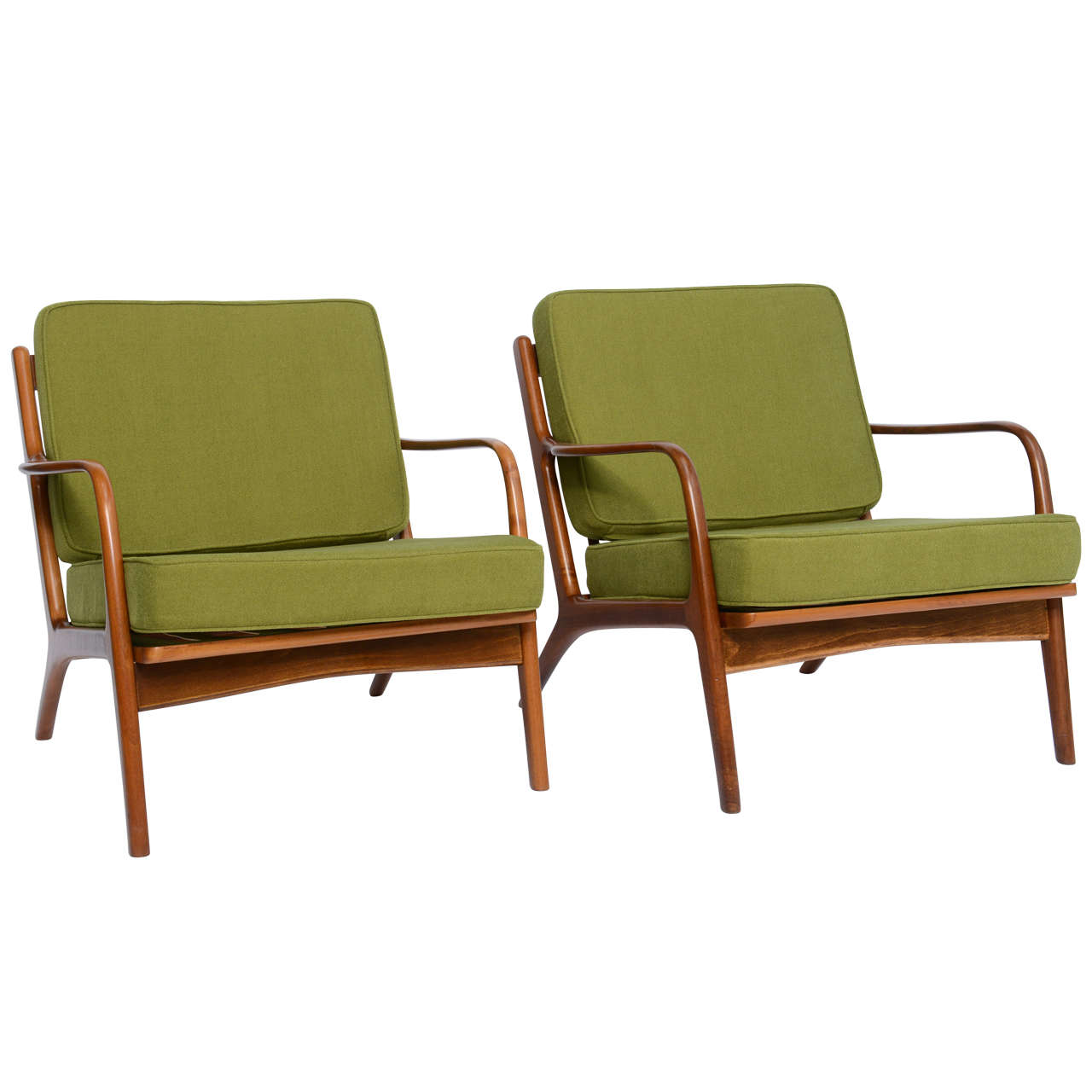 SOLD  SOLD  PAIR of beautiful Danish walnut armchairs attributed to Ib Kofod Larsen with sculptural arms, spindle back and new loose cushions upholstered in martini olive green boucle fabric.  Newly restored, they are a delight.

Price is for the