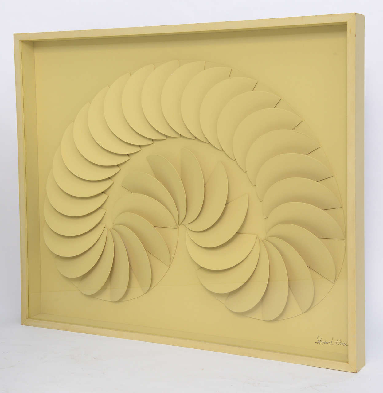 ...SOLD...Wonderful modern and minalmist paper board sculpture by Chicago artist Stephen L. Winer is comprised of layers of semi-circular shapes in a falling domino style forming an amoeba shape.  From the late 70's and painted a neutral warm beach