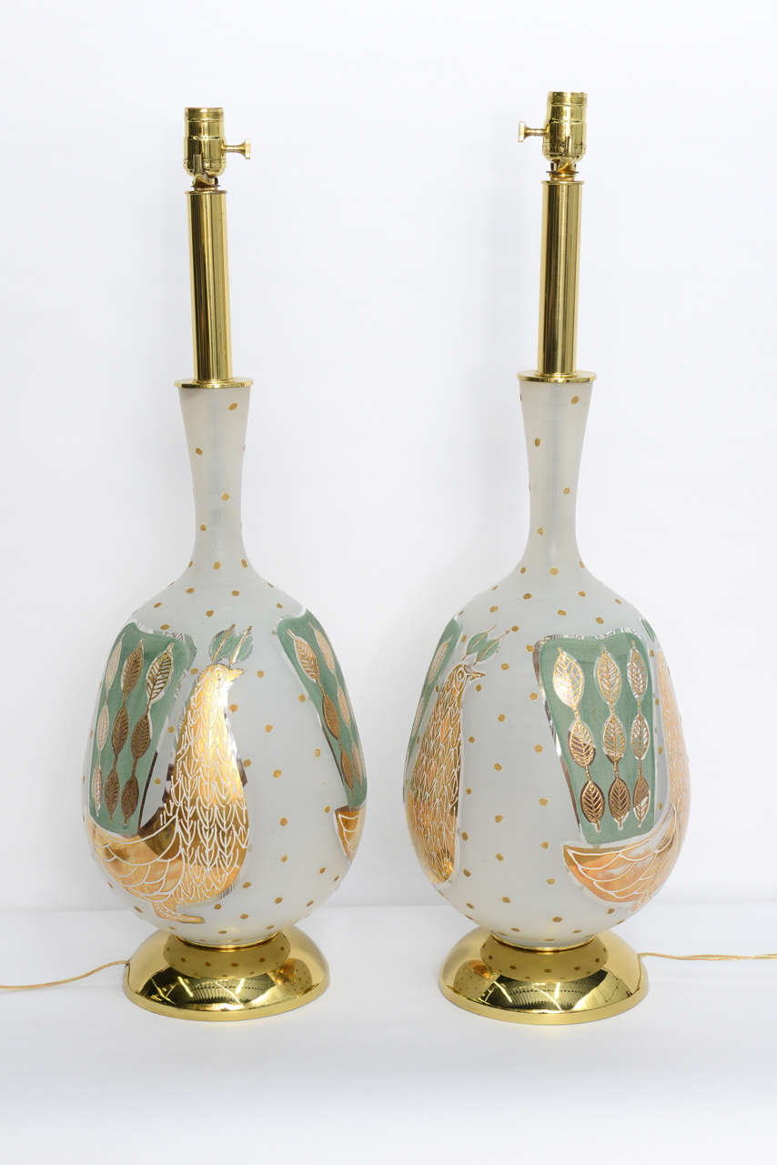 American Waylande Gregory Style Gilt Decorated Peacock Table Lamps