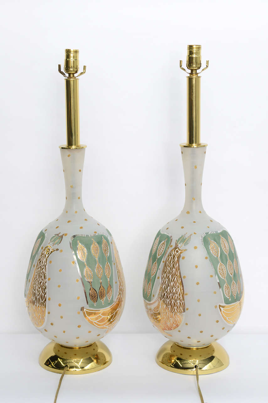 Waylande Gregory Style Gilt Decorated Peacock Table Lamps In Excellent Condition In Miami, FL