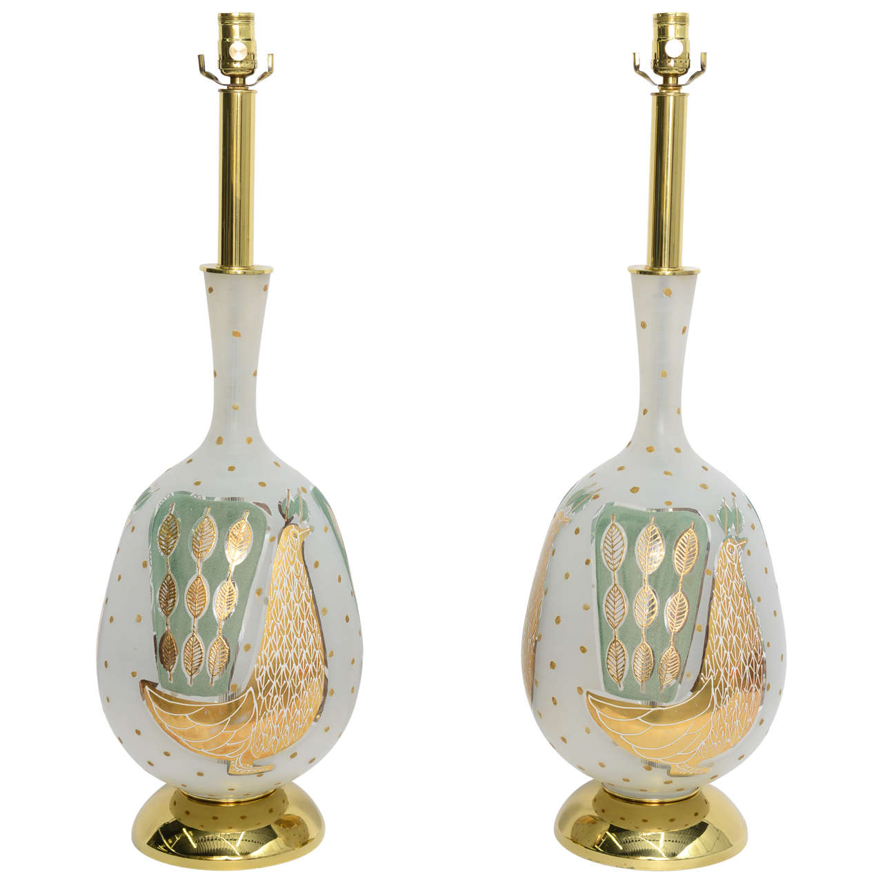 Waylande Gregory Style Gilt Decorated Peacock Table Lamps