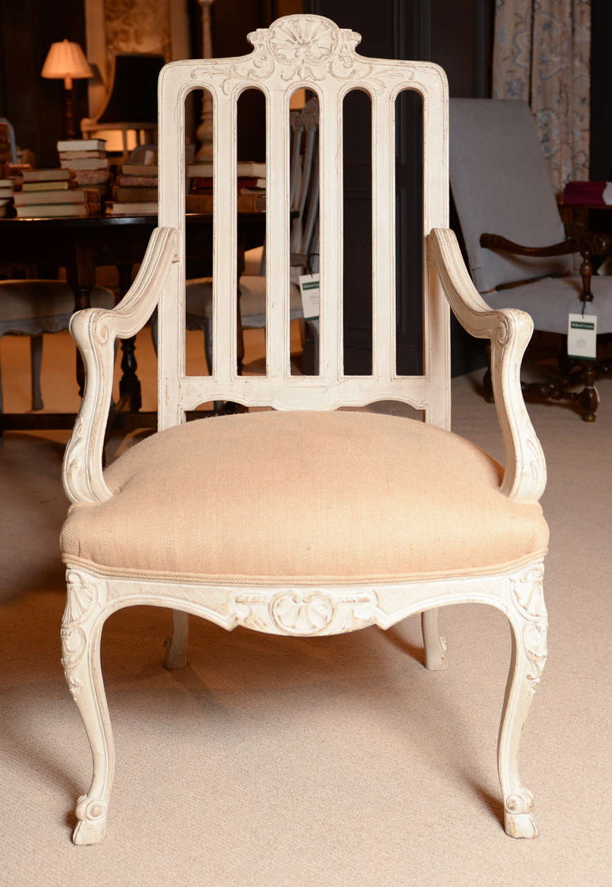 Belgian French Fire Side Louis XVI ArmChair, Carved, Curved Legs and Cream Finish For Sale