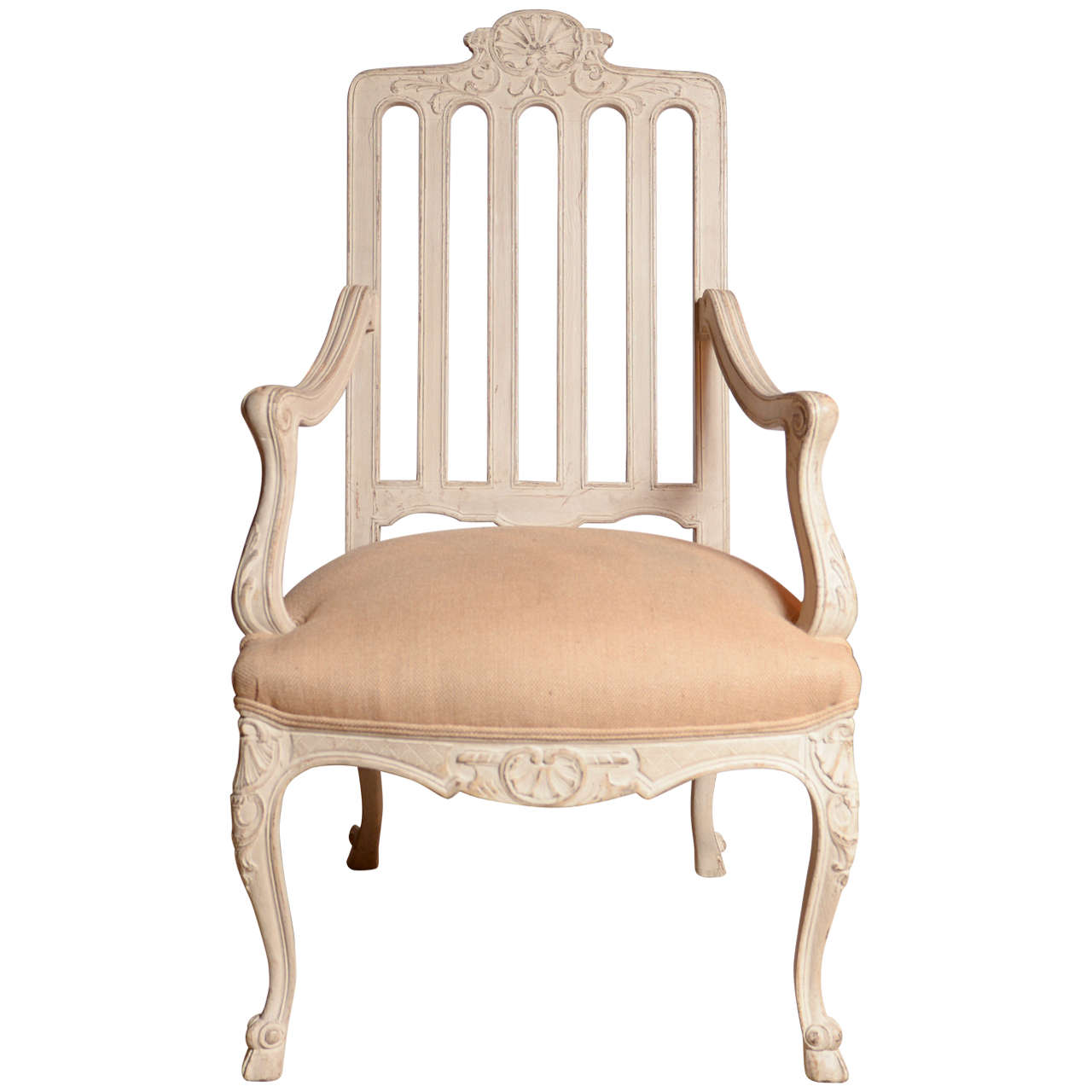 French Fire Side Louis XVI ArmChair, Carved, Curved Legs and Cream Finish For Sale