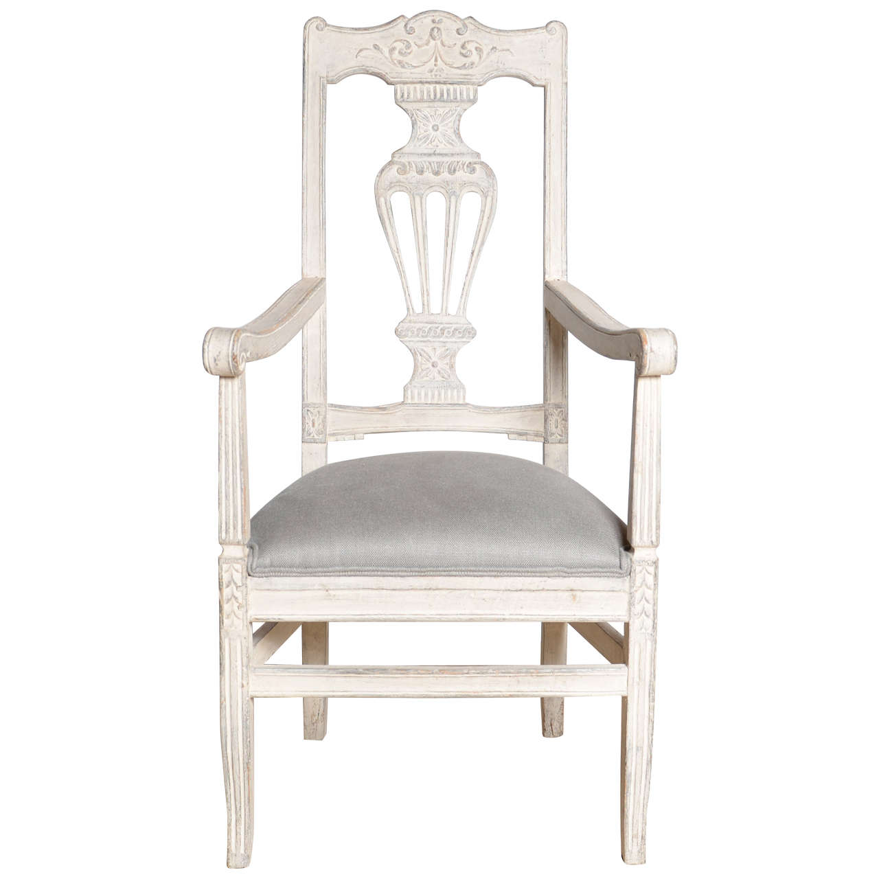 Belgian Antique Painted Arm Chair c. 1900, Carved, New Upholstery For Sale